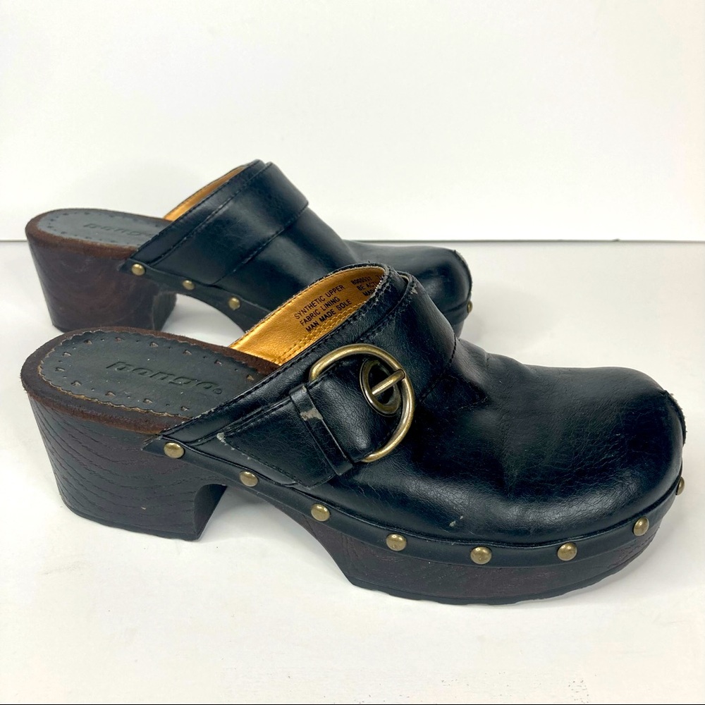 Bongo Y2K black faux leather buckle rivet chunky heel mule women's 7.5
